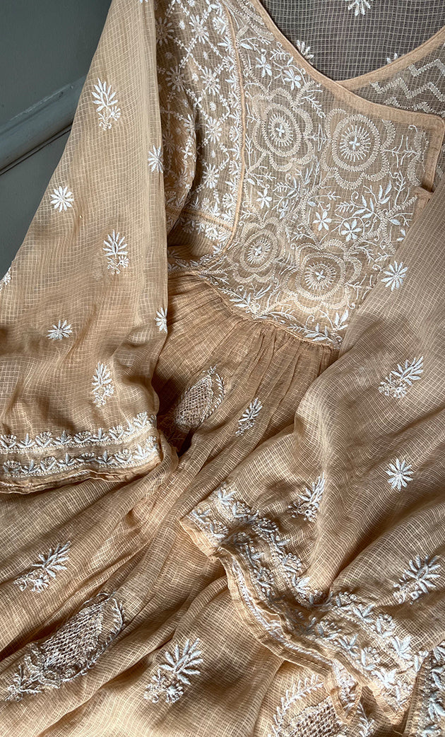 Sehmat Women's Lakhnavi Handcrafted Kota Cotton Semi -Stitched Angrakha And Dupatta Set- HONC0301717