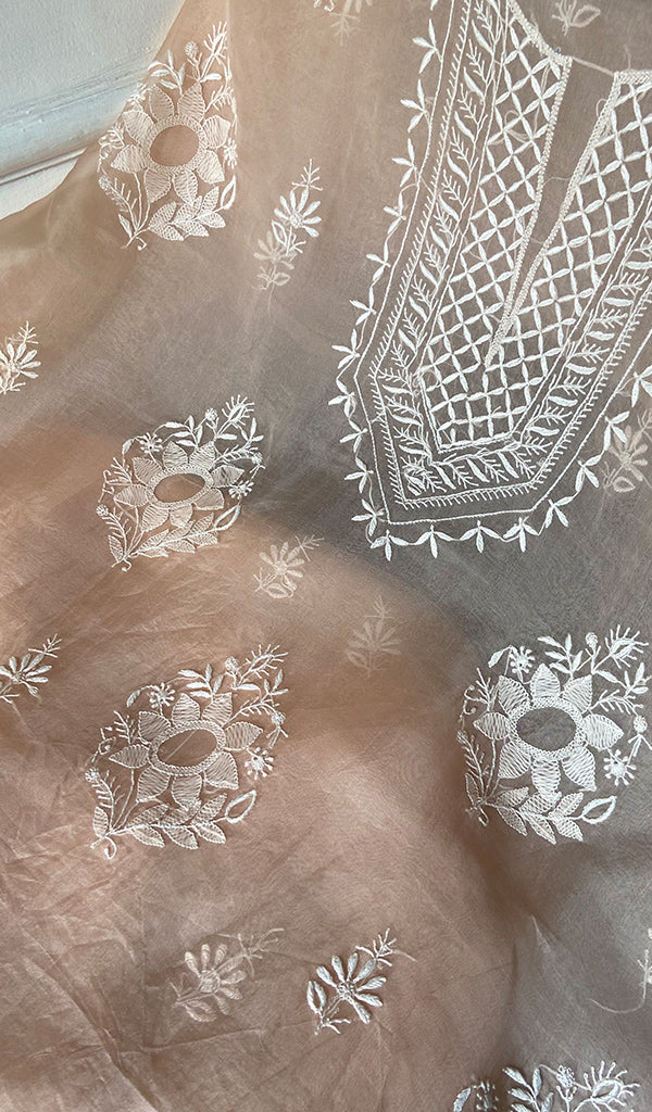 Women's Lakhnavi Handcrafted Pure Organza Chikankari Unstitched Kurta Dupatta Set- HONC0365705