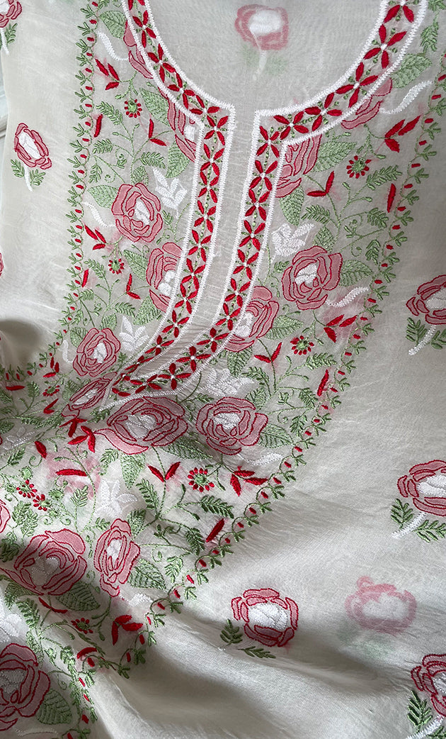 Women's Lakhnavi Handcrafted Pure Organza Chikankari Unstitched Kurta And Dupatta Set- HONC0319583