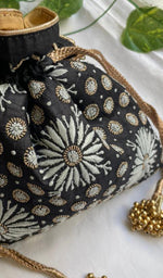 Load image into Gallery viewer, Black Chikankari Embroidered Potli Bag with Golden Bead Tassels - HONC0316098