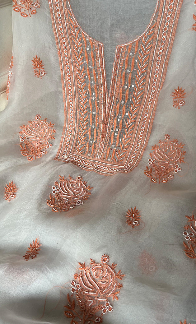 Women's Lakhnavi Handcrafted Pure Organza Chikankari Unstitched Kurta And Dupatta Set- HONC0299225