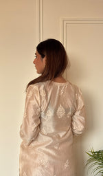 Anika Women's Lucknowi Handcrafted Chanderi Silk Chikankari Top with Farshi Salwar Set .