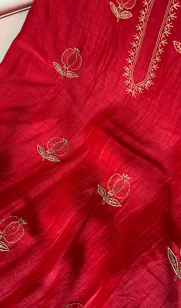 Women's Lakhnavi Handcrafted Mul Chanderi Unstitched Kurta And Dupatta Set- HONC0345264
