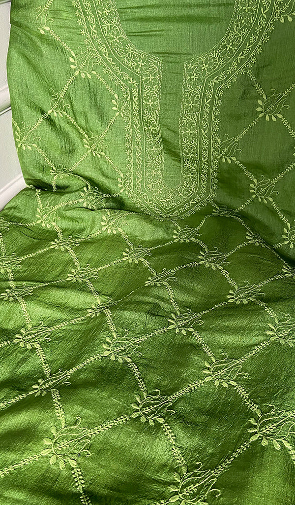 Women's Lakhnavi Handcrafted Tussar Silk Chikankari Unstitched Kurti Fabric - HONC0371822