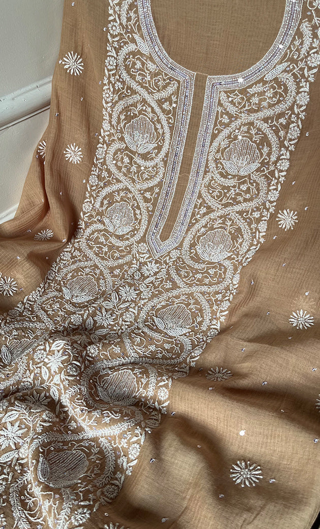 Women's Lakhnavi Handcrafted Maheshwari Mul Chanderi Unstitched Kurta And Dupatta Set - HONC0301252