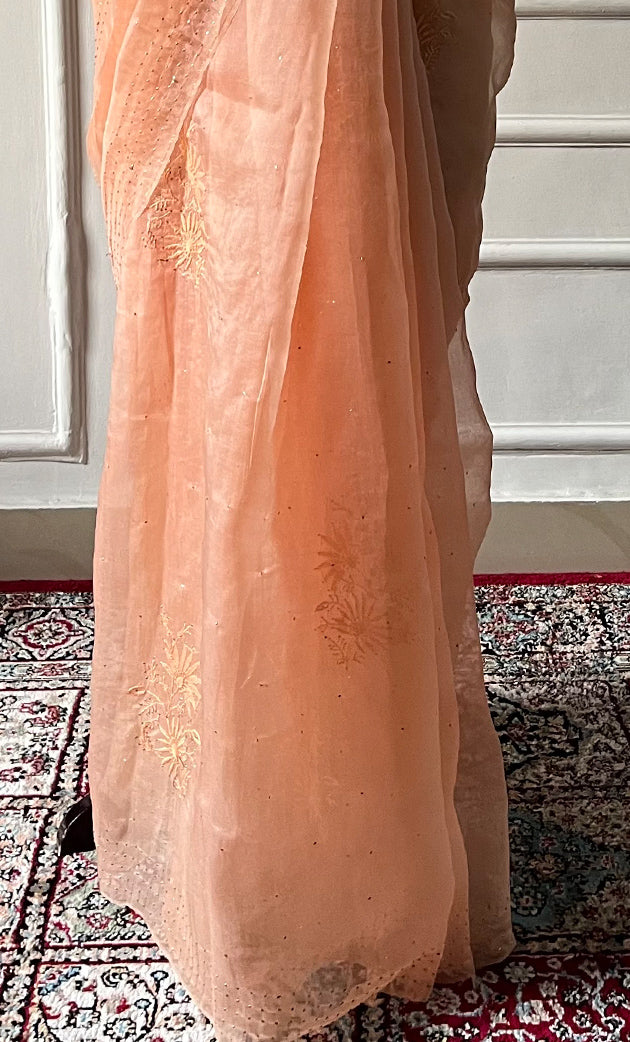 Women's Lucknowi Handcrafted Pure Organza Silk Chikankari Saree - HONC0296103