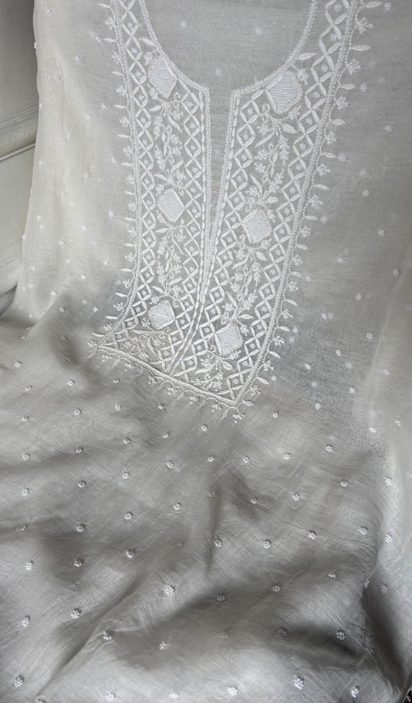 Women's Lakhnavi Handcrafted Mul Chanderi Unstitched Kurta And Dupatta Set - HONC0329465
