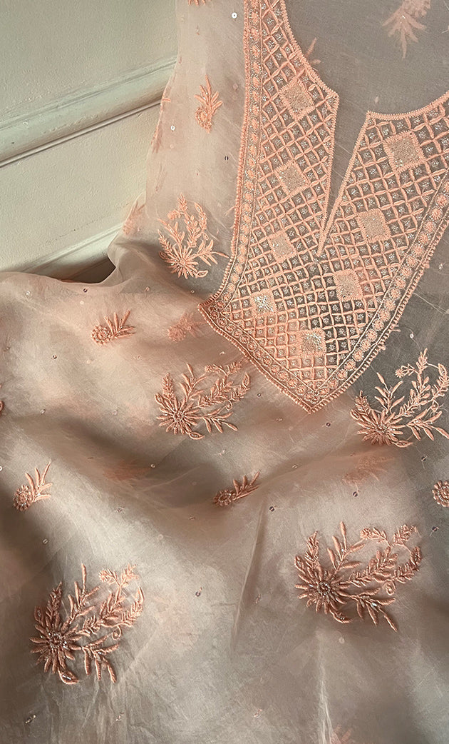 Women's Lakhnavi Handcrafted Pure Organza Chikankari Unstitched Kurta And Dupatta Set- HONC0328269