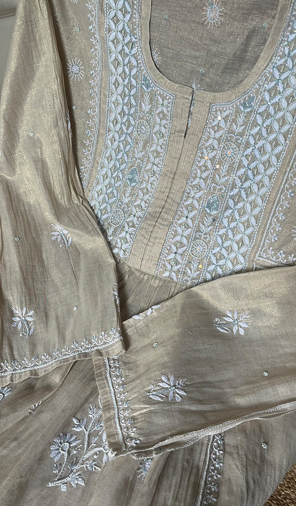 Women's Lakhnavi Handcrafted Tissue Chanderi Semi - Stitched Kurta And Dupatta Set - HONC0297192