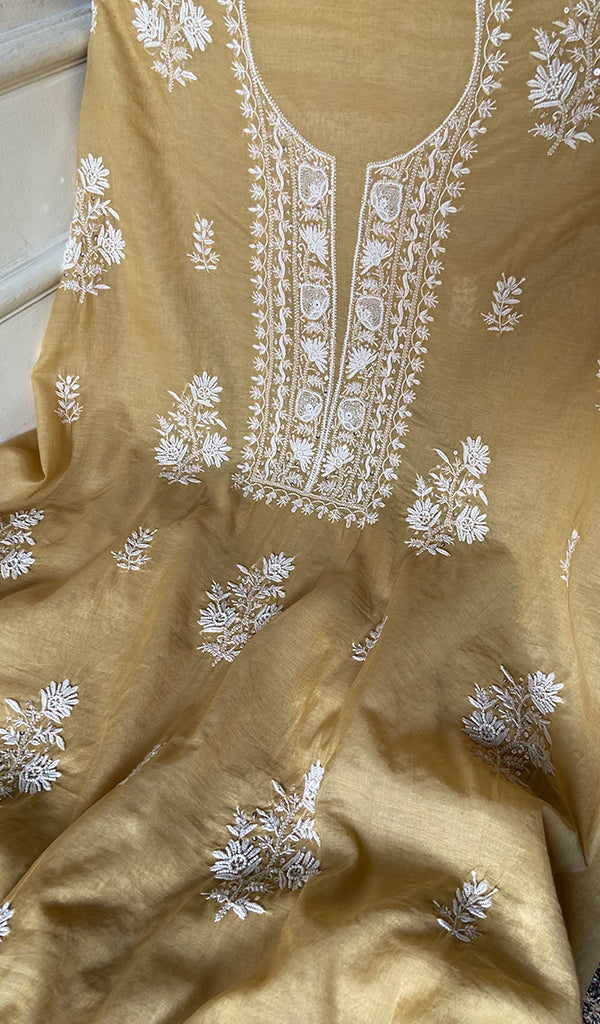 Women's Lakhnavi Handcrafted Mul Chanderi Unstitched Chikankari Full Suit Material - HONC0334957
