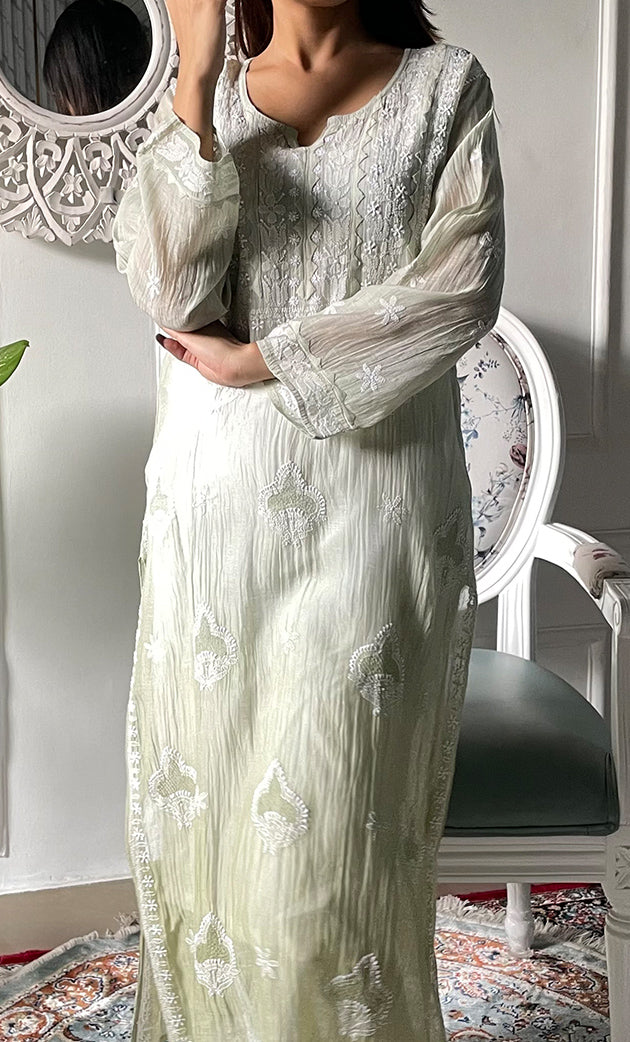 Women's Lucknowi Handcrafted Mul Chanderi  Chikankari Kurti - HONC0329121