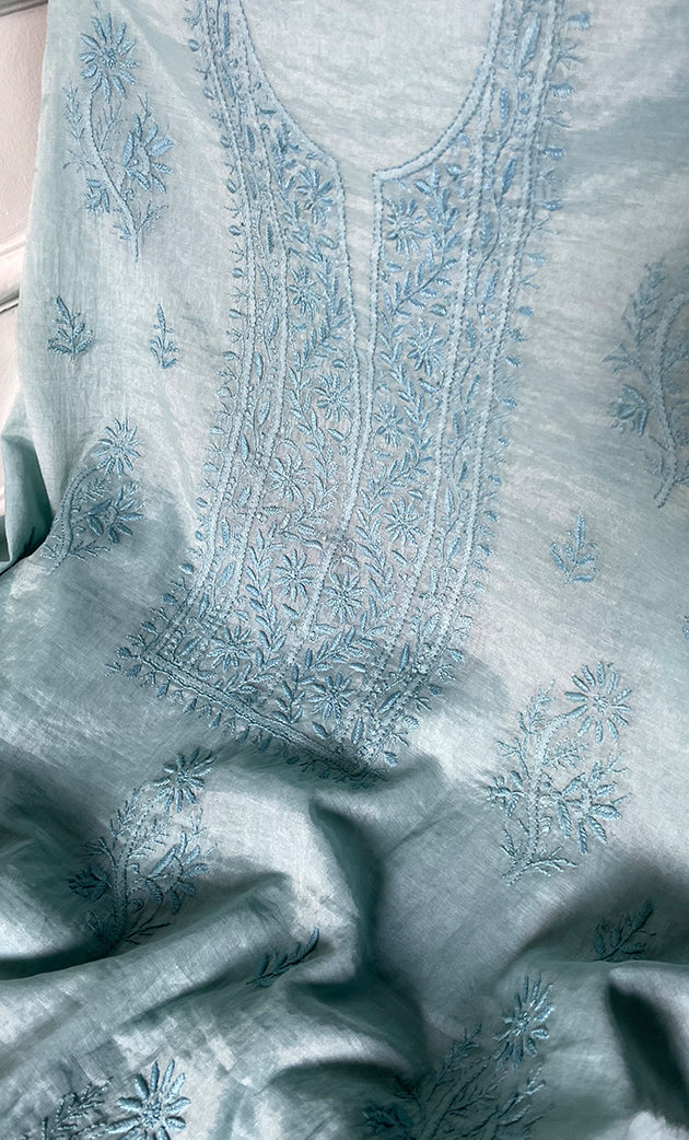 Women's Lakhnavi Handcrafted Mul Chanderi Unstitched Chikankari Full Suit Material - HONC0319534