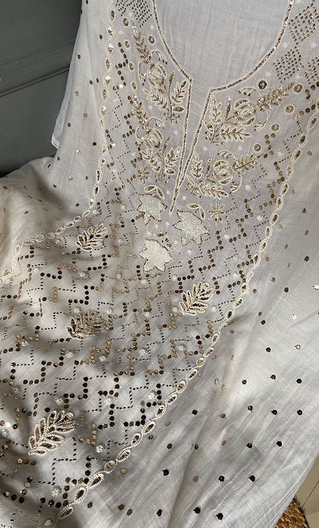 Women's Lakhnavi Handcrafted Mul Chanderi Unstitched Kurta And Dupatta Set- HONC0313326