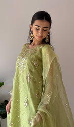 将图像加载到图库查看器中， Women's Lucknowi Handcrafted Pure Organza Silk Stitched Chikankari Kurta, Dupatta With Pant Set- HONC0368444