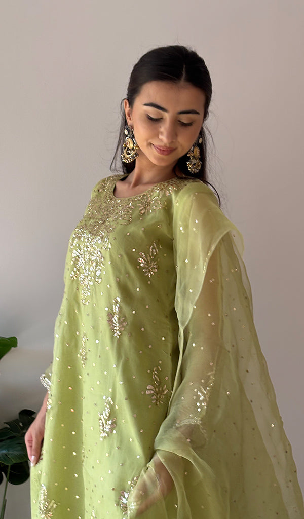 Women's Lucknowi Handcrafted Pure Organza Silk Stitched Chikankari Kurta, Dupatta With Pant Set- HONC0368444