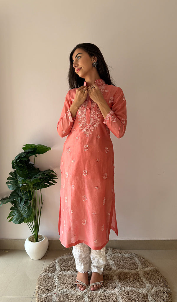 Ishita Women's Lucknowi Handcrafted Chanderi Silk Chikankari Kurti - HONC0357091