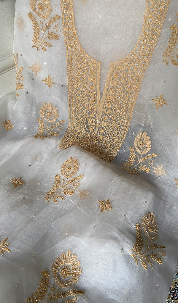 Women's Lakhnavi Handcrafted Pure Organza Chikankari Unstitched Kurta And Dupatta Set- HONC0340861