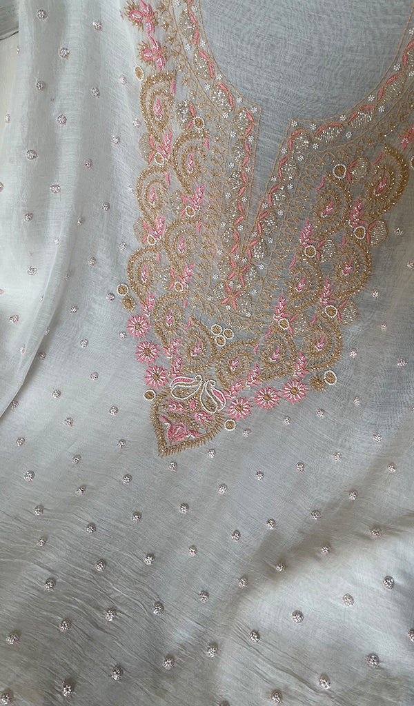 Women's Lakhnavi Handcrafted Mul Chanderi Unstitched Kurta And Dupatta Set - HONC0279819