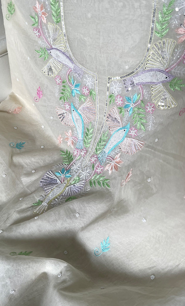 Chidiya Women's Lakhnavi Handcrafted Unstitched Mul Chanderi Kurta And Dupatta Set - HONC0323684