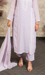 Load image into Gallery viewer, Women&#39;s Lakhnavi Handcrafted Mul Chanderi Chikankari Stitched Kurta, Dupatta And Pant Set - HONC0304131
