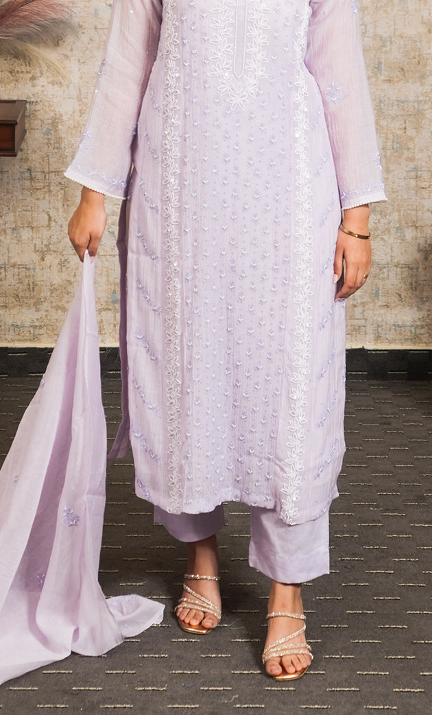 Women's Lakhnavi Handcrafted Mul Chanderi Chikankari Stitched Kurta, Dupatta And Pant Set - HONC0304131