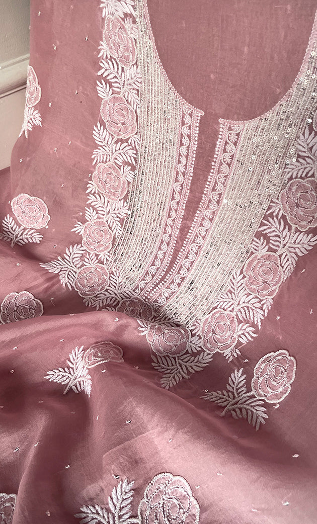 Women's Lakhnavi Handcrafted Pure Organza Chikankari Unstitched Kurta And Dupatta Set- HONC0292518