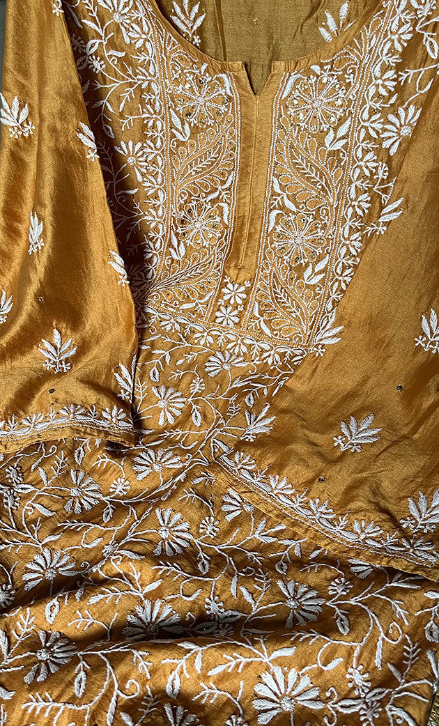Women's Lakhnavi Handcrafted Chanderi Silk Semi - Stitched Kurta And Dupatta Set - HONC0258039
