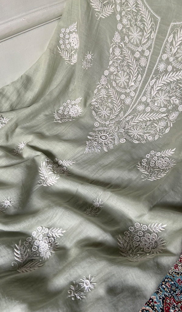 Women's Lakhnavi Handcrafted Mul Chanderi Unstitched Chikankari Full Suit Material - HONC0338251