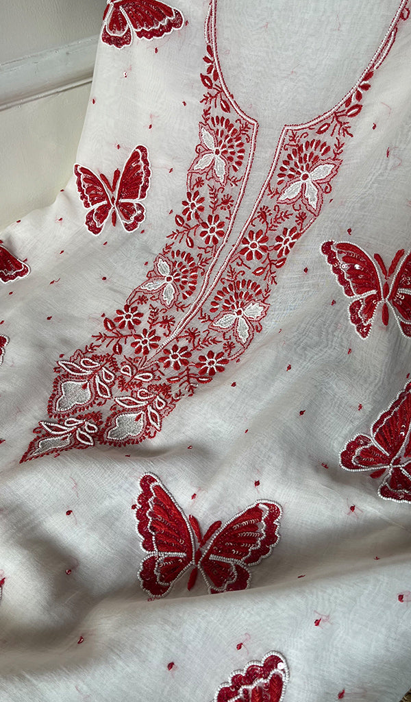 Women's Lakhnavi Handcrafted Mul Chanderi Unstitched Kurta And Dupatta Set - HONC0288844