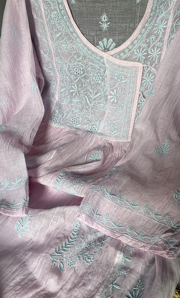 Women's Lakhnavi Handcrafted Mul Chanderi Semi - Stitched Angrakha And Dupatta Set - HONC0310806