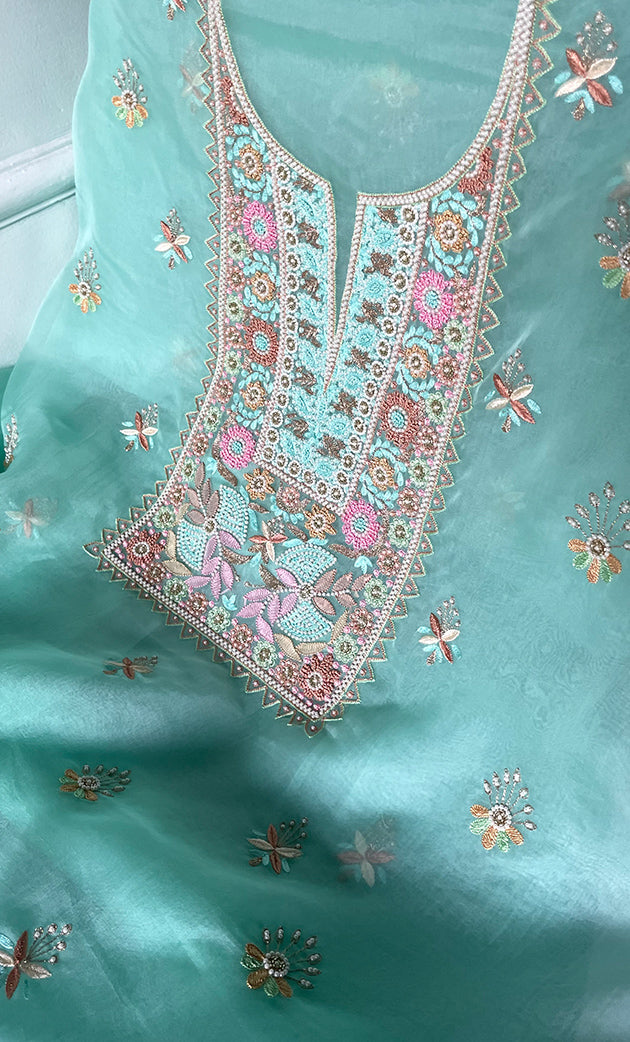 Women's Lakhnavi Handcrafted Pure Organza Chikankari Unstitched Kurta And Dupatta Set- HONC0326296