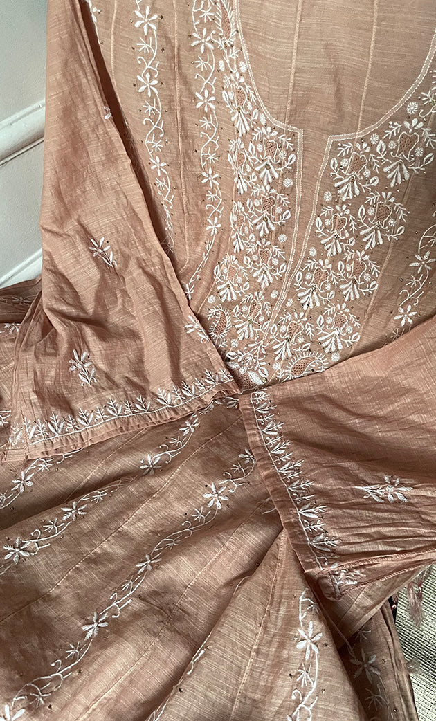 Women's Lakhnavi Handcrafted Chanderi Silk Semi - Stitched Anarkali And Dupatta Set - HONC0273163