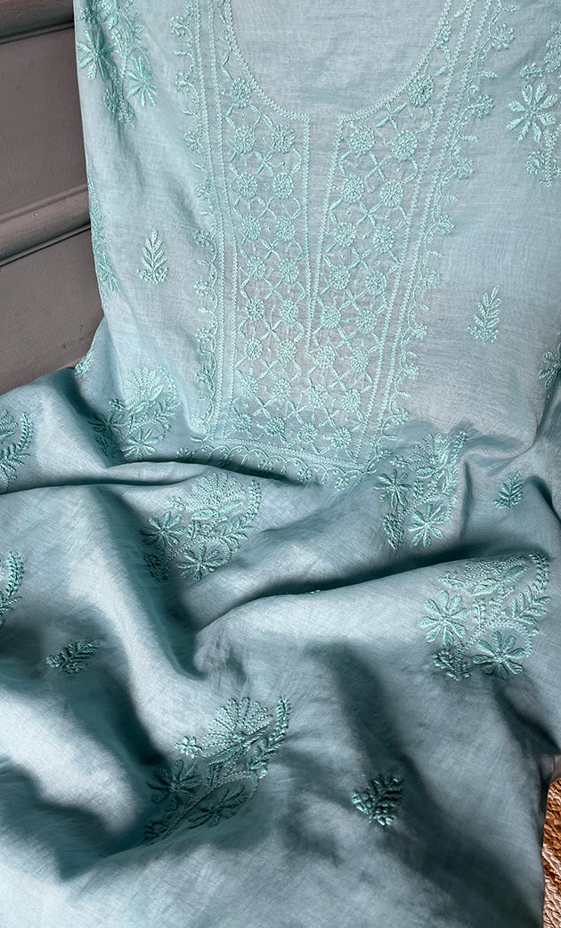 Women's Lakhnavi Handcrafted Mul Chanderi Chikankari Full Suit Material - HONC0307419