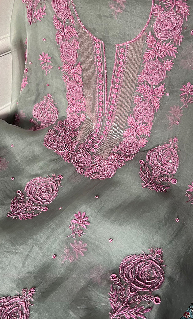 Gulaab Women's Lakhnavi Handcrafted Pure Organza Chikankari Unstitched Kurta And Dupatta Set - HONC0311847