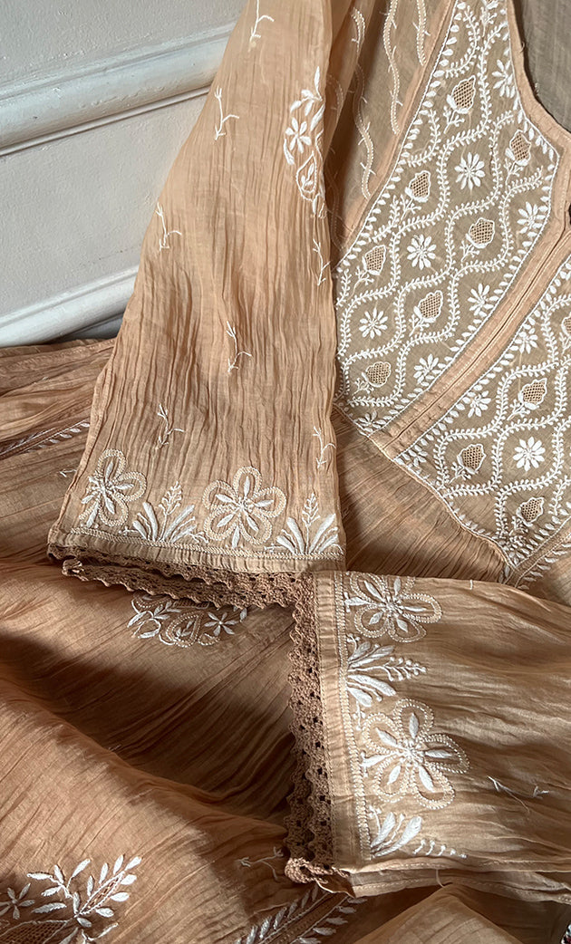 Izana Women's Lakhnavi Handcrafted Mul Chanderi Semi - stitched Chikankari Full Suit Material - HONC0333498