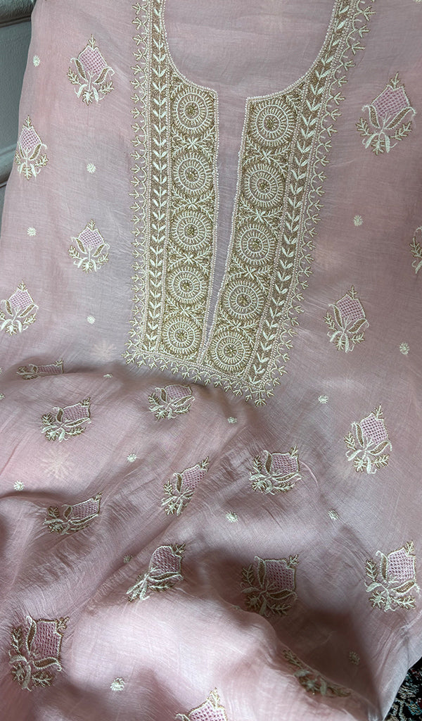 Women's Lakhnavi Handcrafted Mul Chanderi Unstitched Chikankari Full Suit - HONC0349095