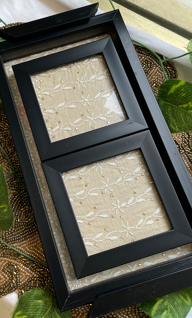 Handcrafted Chikankari Tray with Two Coasters – Wooden Frame - HONC0313535
