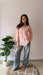 将图像加载到图库查看器中， Vaanya Women's Lakhnavi Handcrafted Mul Chanderi Chikankari Top - HONC03345789