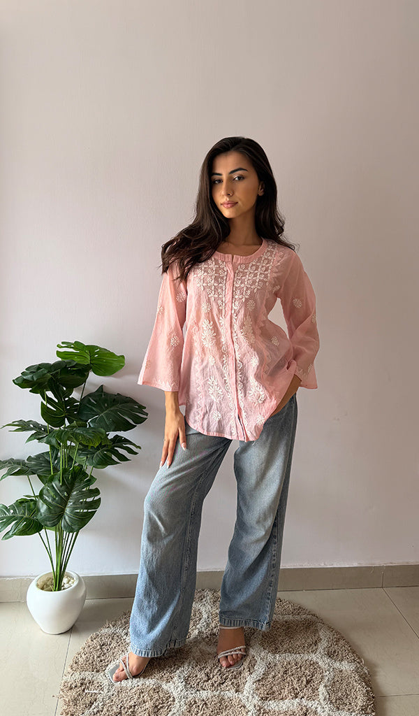 Vaanya Women's Lakhnavi Handcrafted Mul Chanderi Chikankari Top - HONC03345789