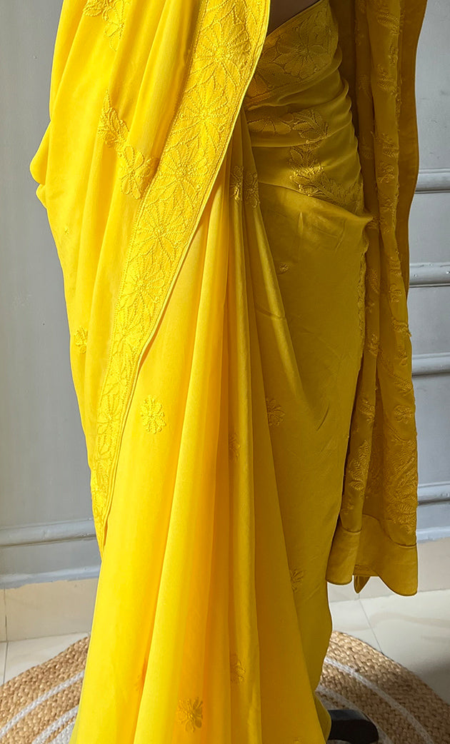 Women's Lakhnavi Handcrafted Viscose Georgette Chikankari Saree - HONC0301795