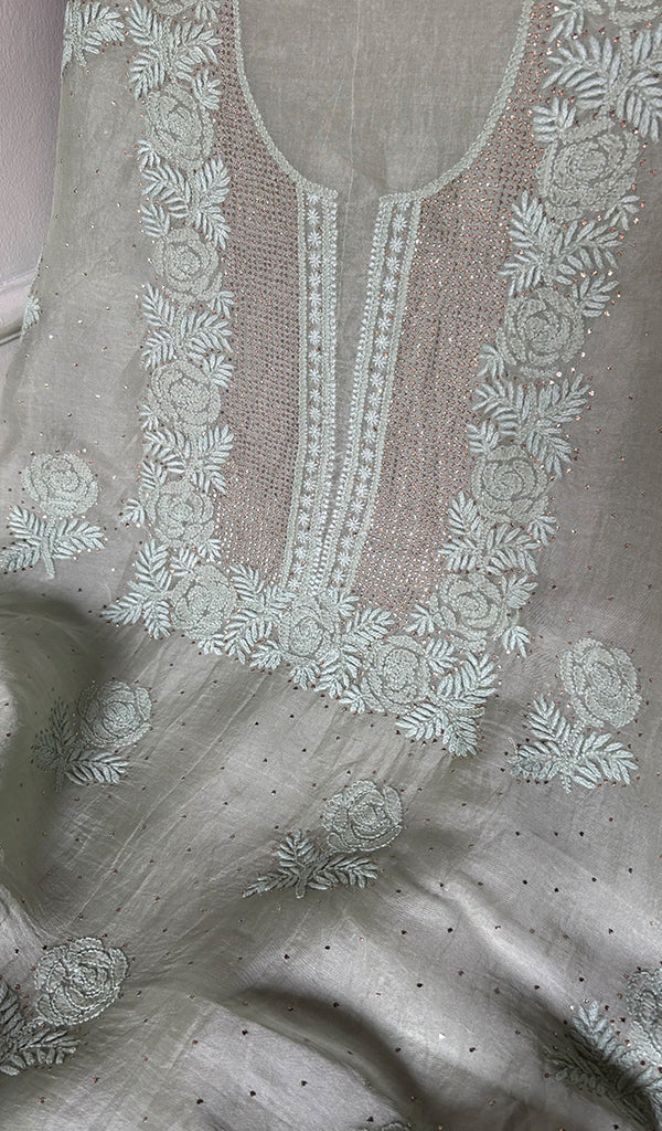 Rose Women's Lakhnavi Handcrafted Pure Organza Chikankari Unstitched Kurta And Dupatta Set- HONC0357555
