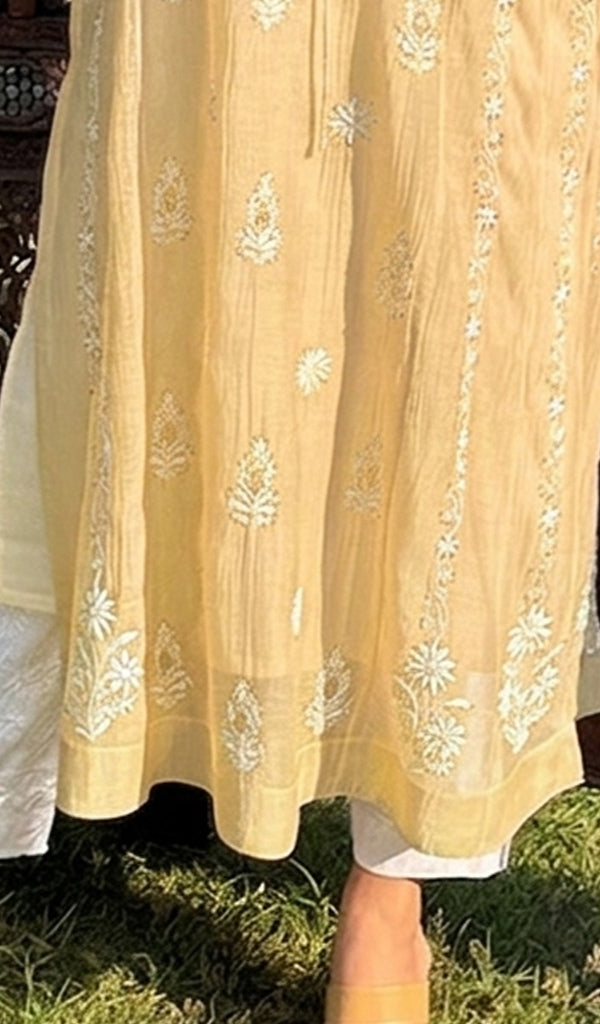 Nafasat Women's Lucknowi Handcrafted Mul Chanderi Chikankari Kurti - HONC0256466