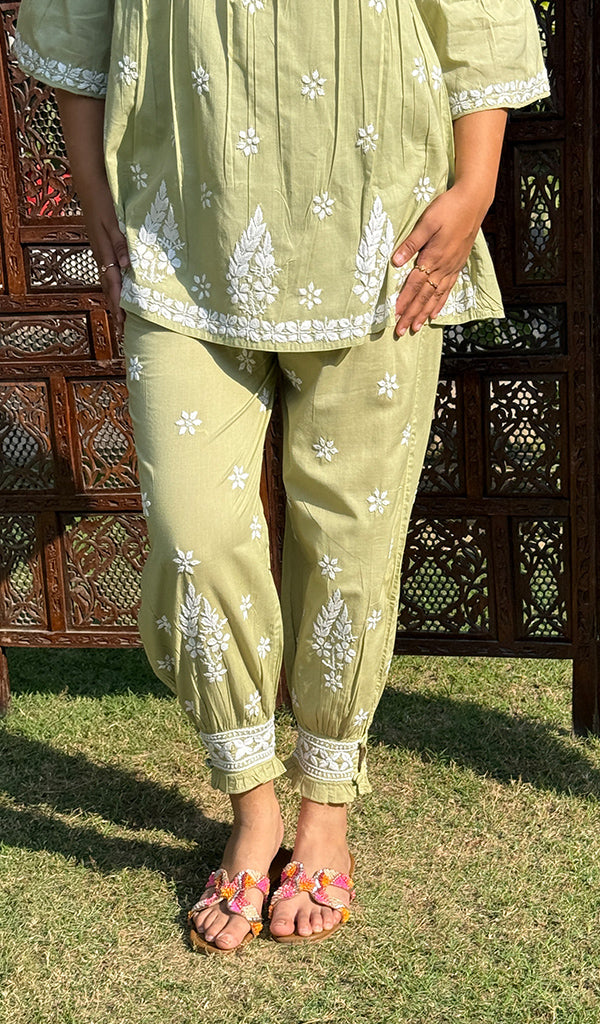 Women's Lakhnavi Handcrafted Cotton Chikankari Kurta And Afghani pant Set - HONC0268726