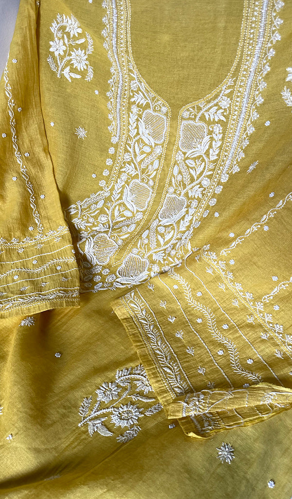 Women's Lakhnavi Handcrafted Tissue Chanderi Semi-Stitched Kurta And Dupatta Set - HONC0299537