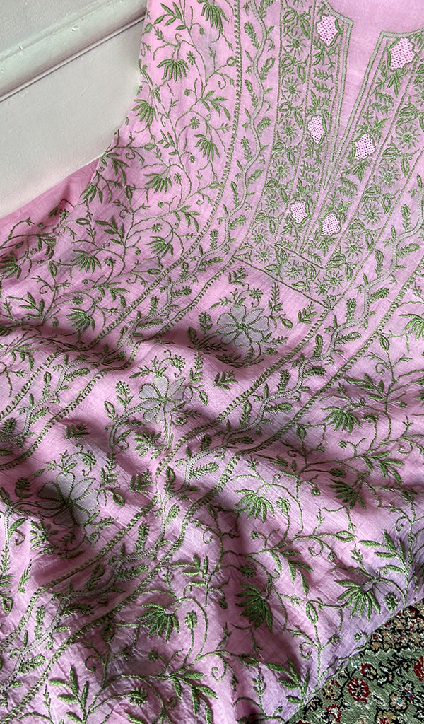 Women's Lakhnavi Handcrafted Chanderi Silk Unstitched Chikankari Full Suit - HONC0342152