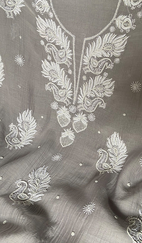Women's Lakhnavi Handcrafted Mul Chanderi i Semi- stitched Kurta And Dupatta Set- HONC0362577