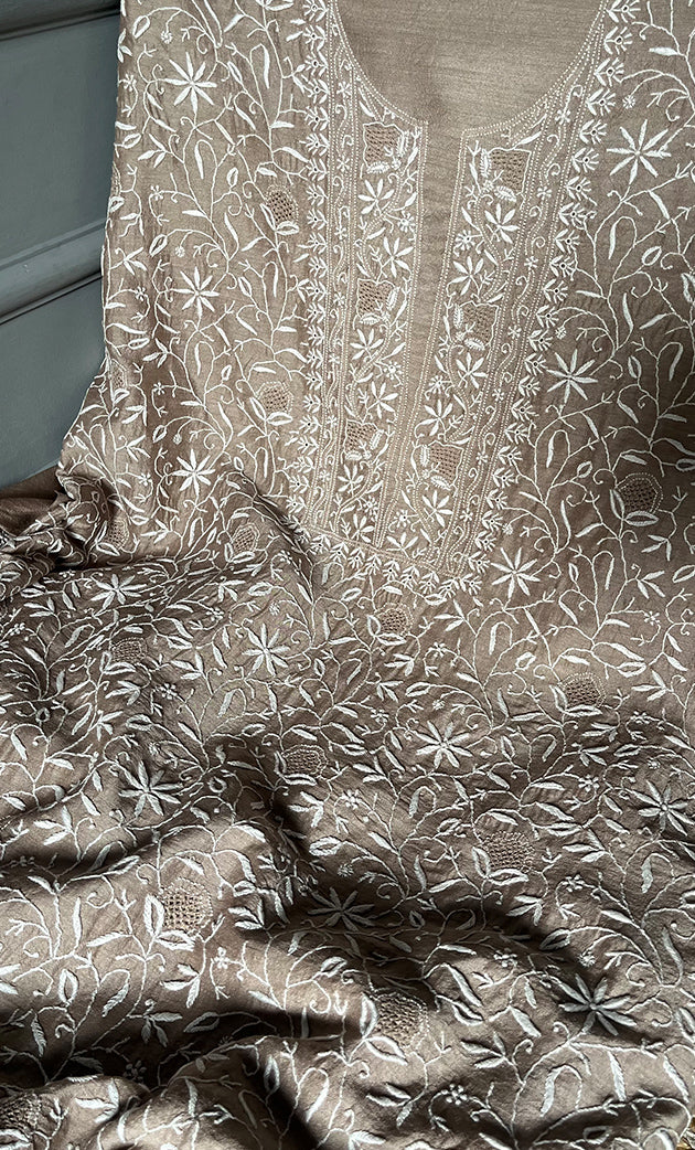 Women's Lakhnavi Handcrafted Munga Silk Chikankari Kurta And Dupatta Set- HONC0283178