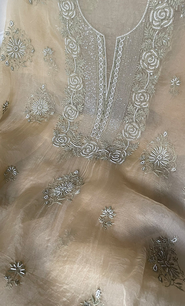 Women's Lakhnavi Handcrafted Pure Organza Chikankari Unstitched Kurta And Dupatta Set- HONC0310183
