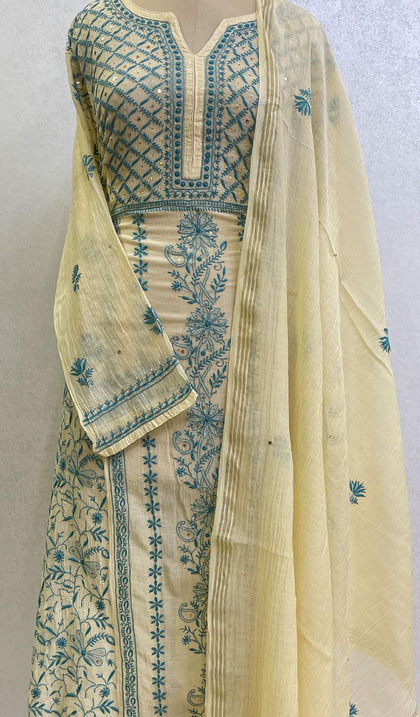 Women's Lakhnavi Handcrafted Mul Chanderi Chikankari Semi Stitched Kurta And Dupatta Set- HONC0144307
