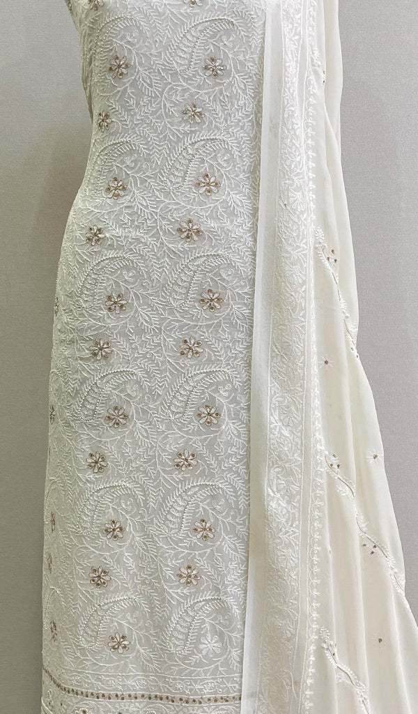 Women's Lakhnavi Handcrafted Pure Silk Georgette Chikankari Kurta And Dupatta Set- N30339